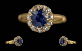 Antique Period Ladies - Attractive 18ct Gold Sapphire and Diamond Set Cluster Ring.