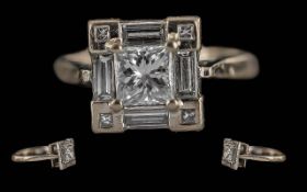 Ladies Pleasing Designed 18ct White Gold Baguette and Brilliant Cut Diamond Ring of Square Form.