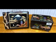Oriental Jewellery Box, with mirrored painted scene on the interior, with compartments,