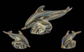 Royal Crown Derby Striped Dolphin Paperweight, gold stopper,