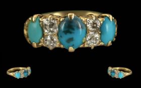Ladies Attractive 18ct Gold Diamond and Turquoise Set Ring. Marked 18ct to Shank.