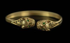 Ladies - Pleasing 18ct Gold Twin Leopards Head Cuff Bangle. Marked 18ct.