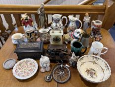 Box of Miscellaneous Collectibles, to include figures, Stein mug, onyx clock, wooden carved box,
