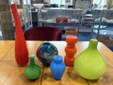 Box of Assorted 1980's Glass Vases, in primary colours, tallest 15