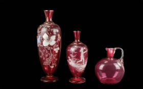 Two Ruby Glass Antique Vases. One decora