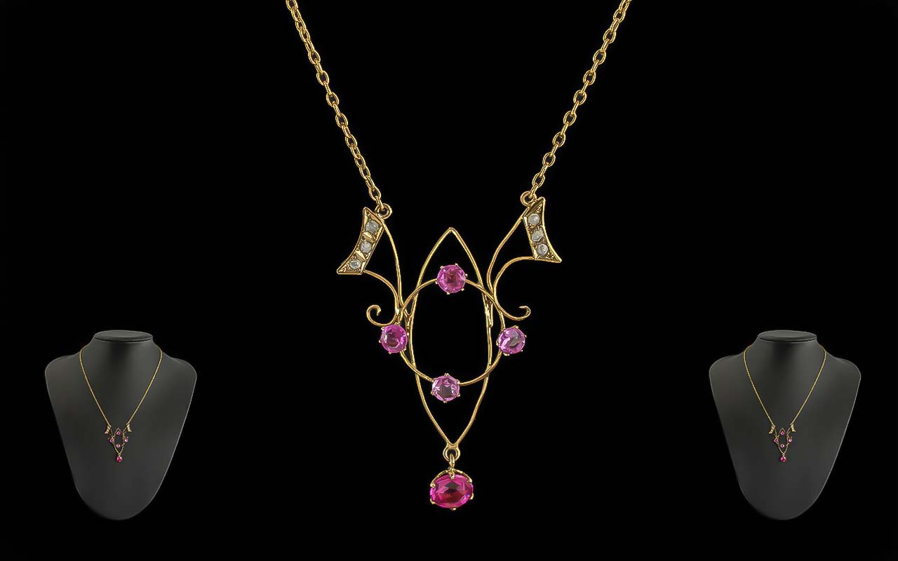 Edwardian Period 1902 - 1910 Ladies 9ct Gold Pink Gem & Seed Pearl Set Pendant - Marked 9ct.