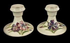 Moorcroft Pair Of Squat Candlesticks - Floral Design On White Ground. Circa 1990's. Height 3.5''