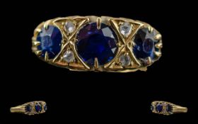 Antique Period Ladies 18ct Gold Sapphire & Diamond Set Ring - Full Hallmark To Shank For