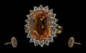 Ladies 18ct Gold Pleasing Citrine & Diamond Set Cluster Ring - Full Hallmark To Interior Of Shank.