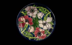 Moorcroft Handpainted Tube Lined Shallow Cabinet Plate - Anemone Design. Date 2000 On Blue Ground.