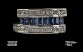 Ladies Modern 18ct White Gold Diamond & Sapphire Set Dress Ring - Marked 18 ct (750) To Shank. The