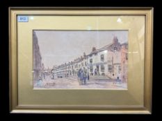 E Beattie Watercolour, titled 'The Shambles from Lancaster Road'. Victorian street scene, image
