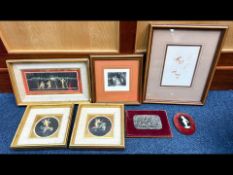 Box of Framed Prints of cherubs, wildlife, metal plaque, etc.
