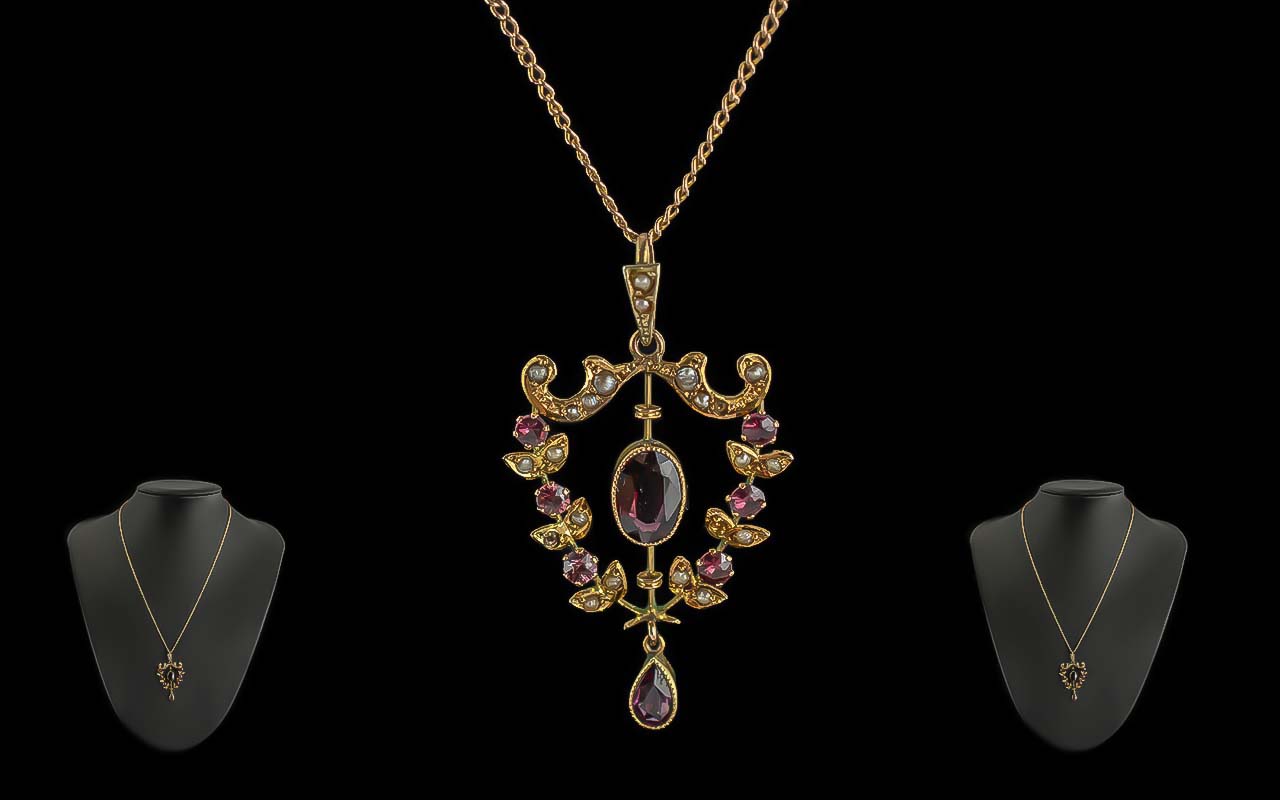 Antique Period Ladies 9ct Gold Garnet & Seed Pearl Set Pendant - With Attached 9ct Gold Chain.