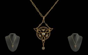 Art Nouveau Ladies Superb 9ct Gold Pearl Set Open Worked Pendant - Pleasing Design With excellent