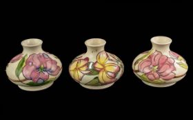 Moorcroft Fine Collection Of 3 Squat Vases - Magnolia, Hibiscus & Frangipani Design, All On Ivory