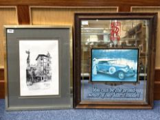 Pub Advertising Mirror Rolls Royce, and a print of The Shambles in York, framed, mounted and