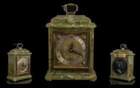 Green Onyx Elliott Mantle Clock, silvered chapter dial, Roman numerals, dial marked Greenwood,