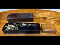 Four Vintage Boxes, comprising a black lacquered ladies glove box with painted floral decoration,