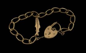 9ct Gold Curb Bracelet - With Heart Shaped Padlock. Full Hallmark. Weight 15.7 Grams. Excellent