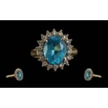 Ladies 14ct Gold Blue Aquamarine & Diamond Set Cluster Ring - Marked 14ct To Interior Of Shank.