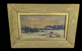 19th Century Oil Painting of a winters scene, housed in a bark effect gilt swept frame. Indistinct