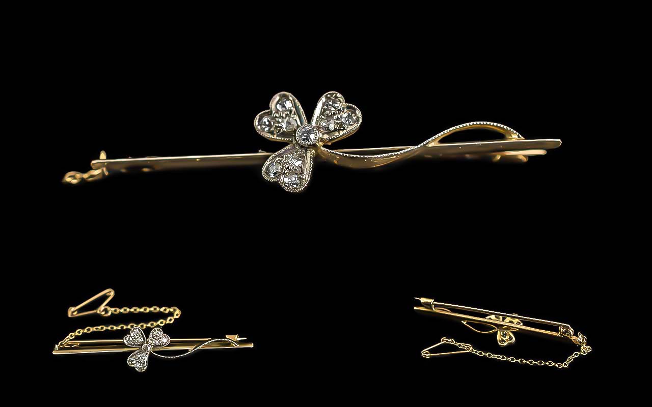 Antique Period Ladies Pleasing 9ct Gold Shamrock Diamond Set Brooch - Not Marked But Tests Gold. Set