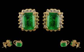 Ladies Excellent 14ct Gold Emerald & Diamond Set Earrings - Marked 585 (14ct) The Emeralds Of