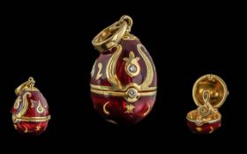Victor Mayer for Faberge Limited Edition 18ct Gold Guilloche Enamel Egg Pendant, Red Ground, Set