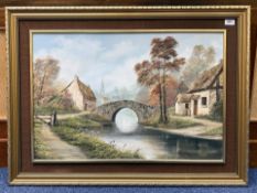 Keith Sutton Oil on Board, country landscape with cottage and bridge, signed and dated 1985. Image