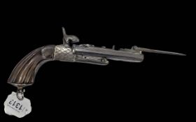 Pin Fire Double Barrel Pistol with Bayonet. Drop down triggers. Measures overall length extended