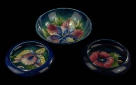Moorcroft Trio of Hand Painted Small Bowls ( 3 ) Floral Design on Blue Ground. c.1940's.