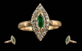 Antique Period Ladies 18ct Gold Emerald & Diamond Set Marquise Shaped Ring - Marked 18ct To Interior