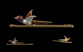 Antique Period Ladies 15ct Gold and Painted Enamels Figural Flying Bird Brooch. Marked 15ct. With
