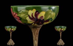 Moorcroft Hand Painted Bowl on Decorative Stand / Centrepiece ' Hibiscus ' Variation Design on Green