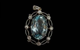 Ladies Superb Quality 18ct White Gold Aquamarine & Diamond Set Openworked Pendant - Excellent