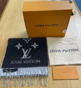 Louis Vuitton 100% Cashmere Scarf, dark and light grey colourway, with LV design and Louis Vuitton