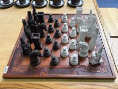 Large Oriental Chess Board, with chess pieces.