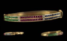 Ladies Excellent Quality 18ct Gold Bangle - Set With Emeralds, Sapphires & Rubies. Tests 18ct. The