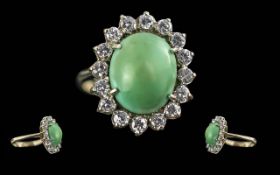 Ladies 14ct Gold Jade & Diamond Set Ring - Tests 14ct. The Central Cabochon Cut Jade Surrounded By