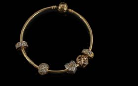 Pandora Signed Ladies 14ct Gold Bangle - Loaded With Five Gold Plated & Silver Charms. All Marked