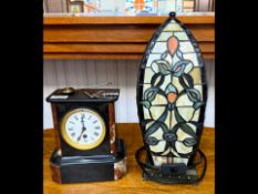 A Slate Mantle Clock, white enamelled dial, black slate with marbled corners, unmarked spring driven