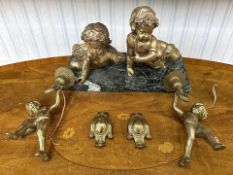 Pair of Bronzed Gilt Effect Cherubs on Marble Bases, 22cm in height. Along with two heavy brass wall
