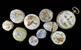 Collection of Trinket Boxes, mostly enamelled, to include one Worcester. Ten in total.