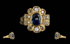 Ladies Petite 18ct Gold Sapphire and Diamond Set Cluster Ring. Marked 18ct to Interior of Shank. The
