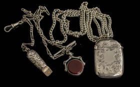 Antique Period Sterling Silver Watch Chain with Attached Silver Whistle and Swivel Fob. All Marked