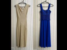 Two Designer Evening Dresses, comprising an Emma Somerset gold long dress, fitted over the figure to
