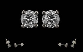 Ladies Fine Pair Of 18 ct White Gold Diamond Set Stud Earrings - Stamped 18ct. Each Brilliant Cut