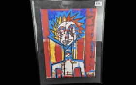 Modern Original Framed Oil Painting, by Darr Thompson, stylized portrait design in bold colours.