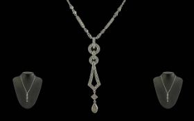 Ladies Excellent Quality And Exquisite 18ct White Gold Diamond Set Necklace - With Drop, Of Pleasing